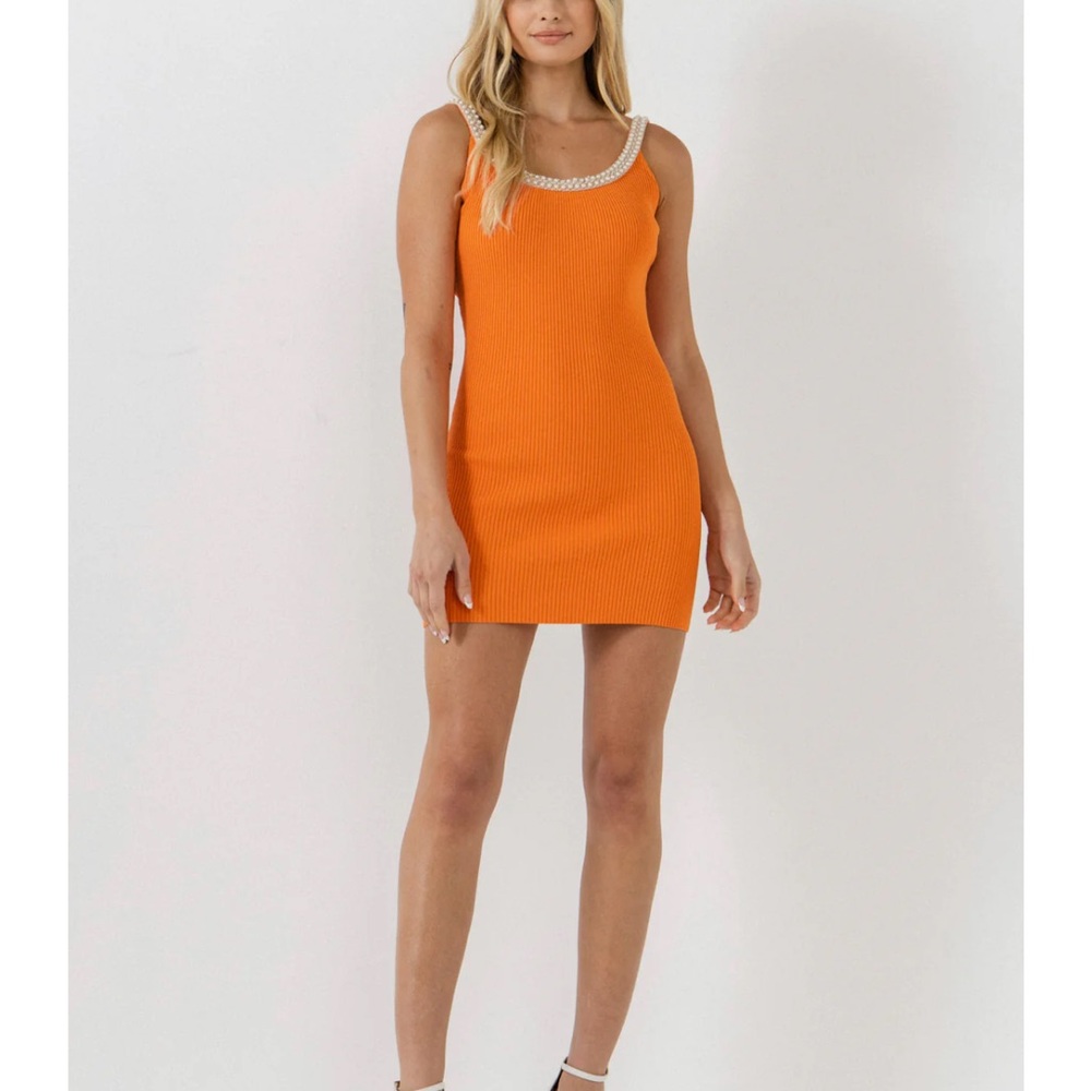 EndlessRose Orange Tank Mini Dress with Beaded Pearl Neckline and Straps- Size M
